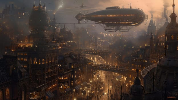 A fleet of steampunk airships hovers above a Victorian-inspired cityscape, enveloped in a golden mist at dawn. Resplendent.