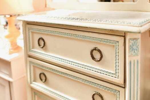 White old antique wooden painted chest of drawers European, french