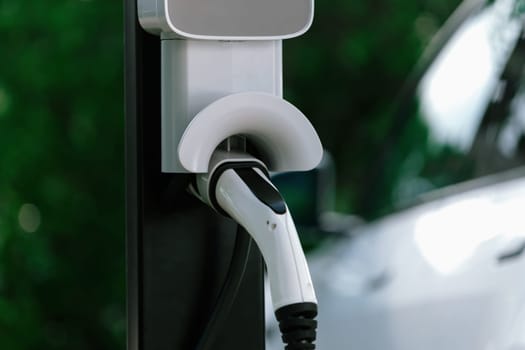 Closeup EV charging station with electric charger plug connected to charging platform power sauce. Alternative clean and sustainable energy for eco-friendly EV car for better future. Synchronos