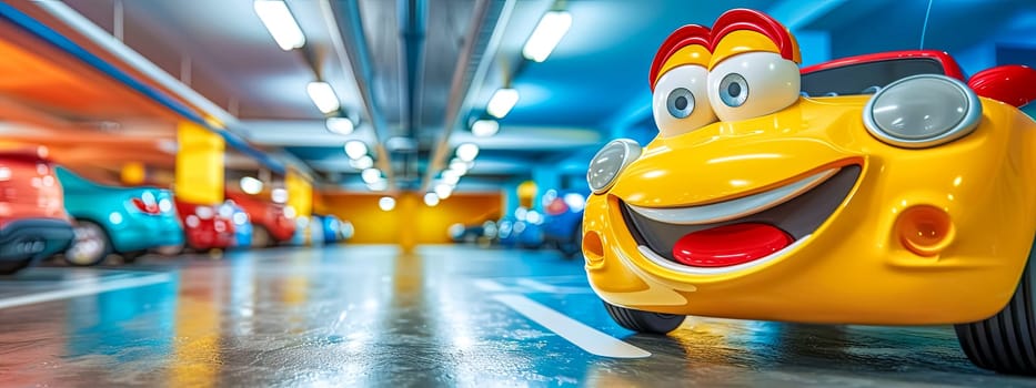 Colorful Cartoonish Cars in Bright Indoor Parking, copy space