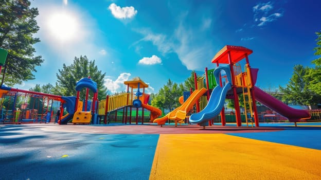 Young children enjoy a sunny day playing on vibrant playground equipment in a park with slides and climbing structures. Resplendent.