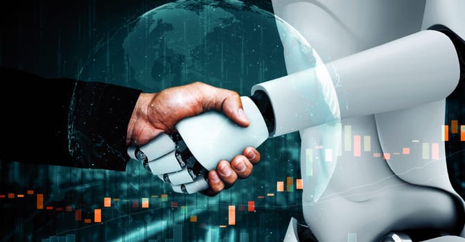 XAI 3d illustration hominoid robot handshake with stock market trading chart showing buy and sell decision by AI thinking brain, artificial intelligence and machine learning process.