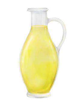 Transparent white glass bottle with yellow oil, vinegar. Watercolor hand drawn illustration. Ingredient in cooking, cosmetics. Clip art for menu of restaurants, packaging of farm goods, vegan products