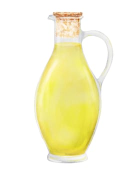 Transparent white glass bottle with yellow oil, vinegar. Watercolor hand drawn illustration. Ingredient in cooking, cosmetics. Clip art for menu of restaurants, packaging of farm goods, vegan products