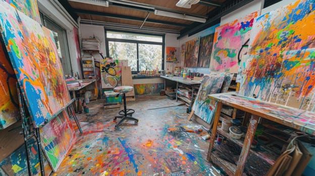 An artist's studio in full creative chaos, paint splattered everywhere, canvases in various stages of completion, vibrant colors clashing and blending. Resplendent.