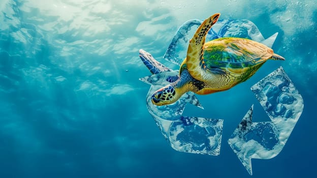 A blue recycling symbol with a sea turtle inside on a soft blue background representing the surface of the water. Environmental protection concept.