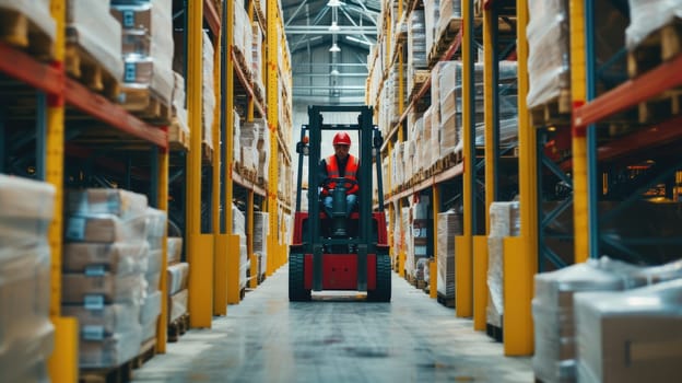 A man operates a forklift in a warehouse, transporting goods amidst shelves of building materials and wooden flooring. AIG41