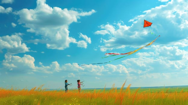 A group of people are flying kites in a grassy field under the azure sky with fluffy cumulus clouds floating in the atmosphere. AIG41