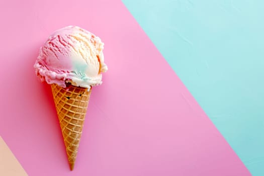 A delicious ice cream cone displayed on a pastel pink and blue background, creating a colorful and appetizing contrast.