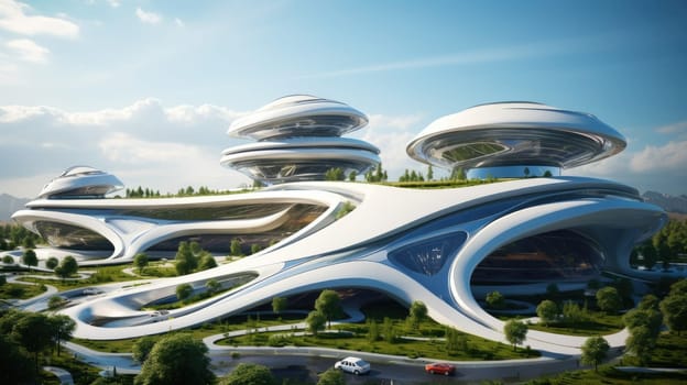 Futuristic sustainable complex office building for green economy and sustainability comeliness