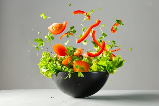 A black bowl filled with fresh lettuce and carrots on a gray background.