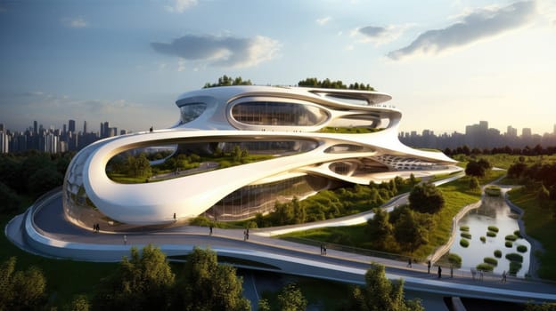 Futuristic sustainable complex office building for green economy and sustainability comeliness