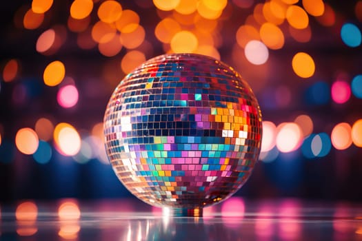 Multicolored disco ball on a bokeh background. Reflections of light on a disco ball.