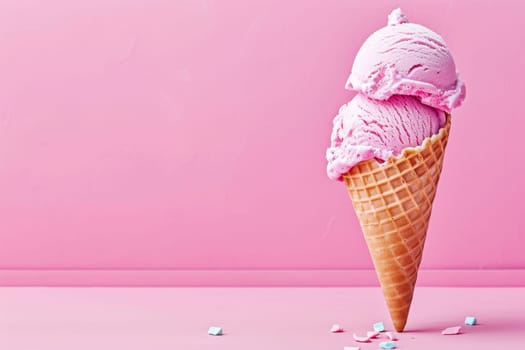 Ice cream cone with pink icing and colorful sprinkles on a pastel background.