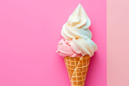 Ice cream cone sits on a pastel pink background, creating a simple and colorful composition.