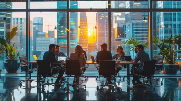 A crowd of real estate professionals gather in a glass conference room, sharing ideas and having fun during a building event. AIG41