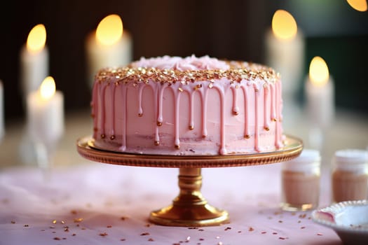 Festive pink cake decorated with gold and fresh flowers.