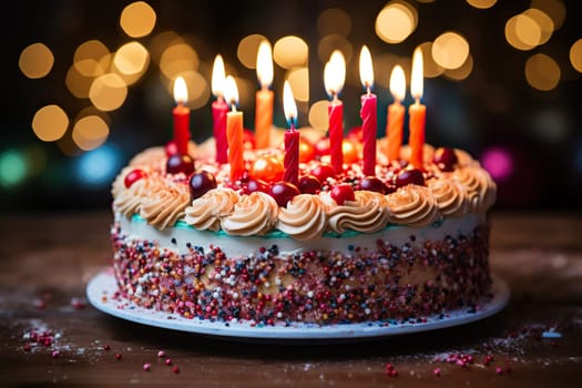 Appetizing chocolate cake with candles. Birthday concept.