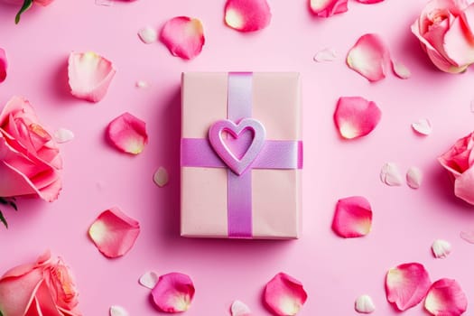 A gift box wrapped in pink ribbon with a heart-shaped ornament on top, perfect for special occasions like International Womens Day.