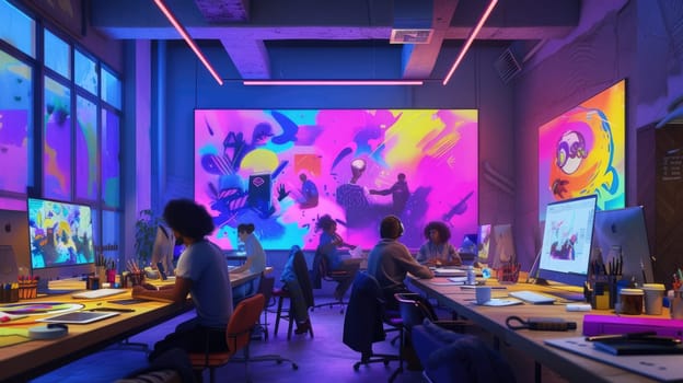 A man is using a computer in an office building, surrounded by tables, paintings, and art in a magenta-themed room. AIG41