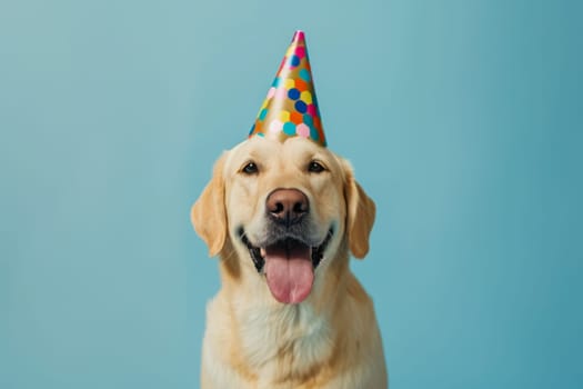 A dog wearing a festive party hat on a blue background, sticking its tongue out playfully.