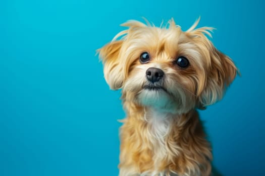 A small brown dog is seated on top of a bright blue floor, looking content and relaxed in its surroundings.