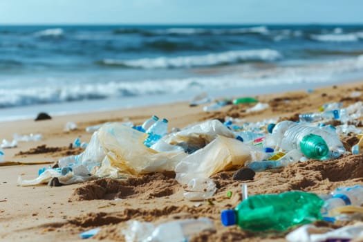 The image shows a beach covered with plastic bottles and debris, highlighting the environmental issue of pollution impacting our oceans.