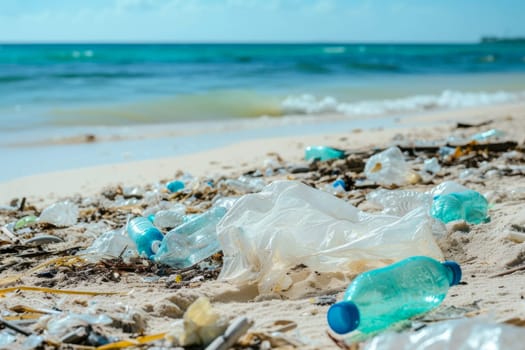 The image depicts a beach covered with plastic bottles and debris, showcasing the alarming issue of pollution in our oceans.