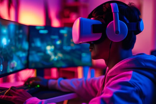 A person wearing headphones is focused on a computer screen, engrossed in their digital activities.