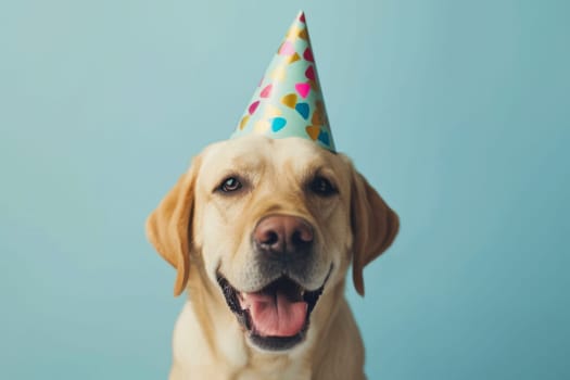 A dog with a birthday hat on its head, standing in front of a plain blue background.
