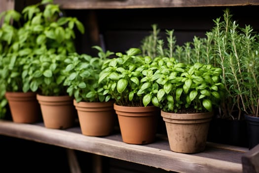 Pots of fresh basil on a wooden shelf.