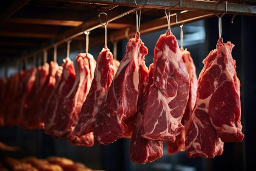Pieces of fresh meat are suspended on a rope.