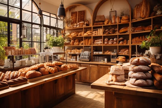 Interior of a craft bakery with a counter full of baked goods.