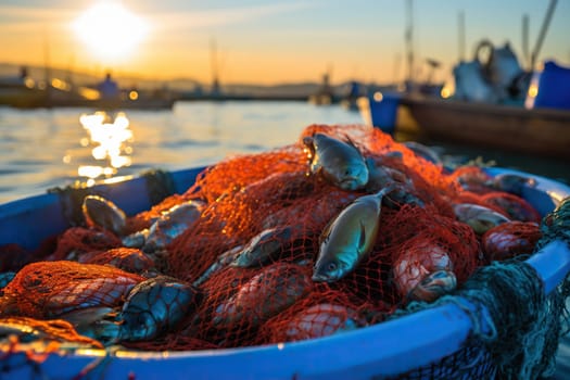 A caught fish in a red net lies in a fishing boat.