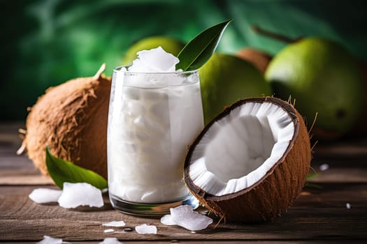 Healthy coconut smoothie in a glass on a wooden table with coconut halves nearby.