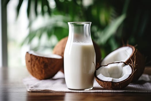 A bottle of coconut milk on a wooden tray with coconut halves nearby. Healthy nutrition concept.