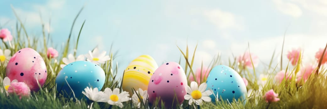 Holiday celebration banner with cute Easter decorated eggs and spring flowers on green spring meadow. Flowers in landscape. Happy Easter greeting card, banner, festive background.Copy space