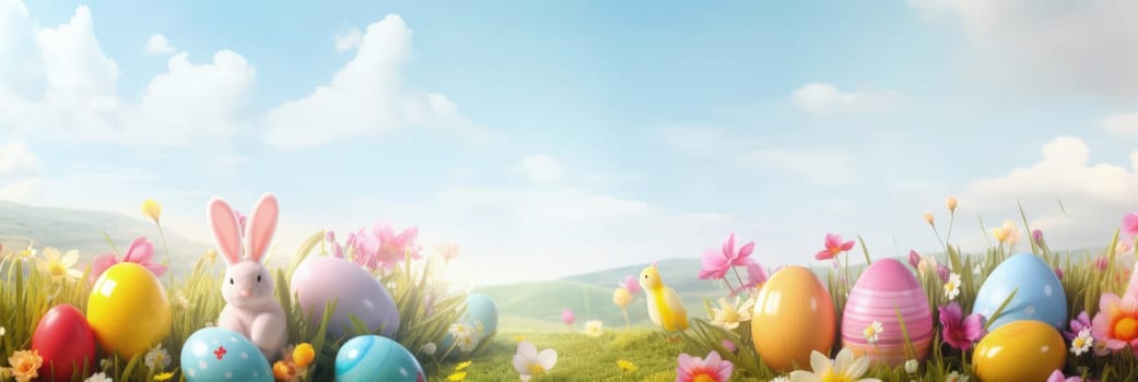 Holiday celebration banner with cute Easter decorated eggs and spring flowers on green spring meadow. Flowers in landscape. Happy Easter greeting card, banner, festive background.Copy space