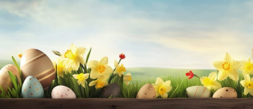 Holiday celebration banner with cute Easter decorated eggs and spring flowers on green spring meadow. Flowers in landscape. Happy Easter greeting card, banner, festive background.Copy space