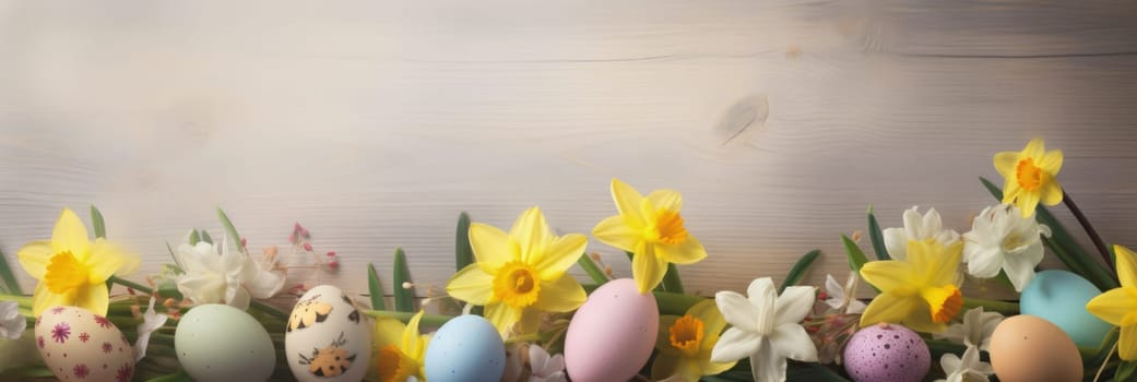 Holiday celebration banner with cute Easter decorated eggs and spring flowers on green spring meadow. Flowers in landscape. Happy Easter greeting card, banner, festive background.Copy space