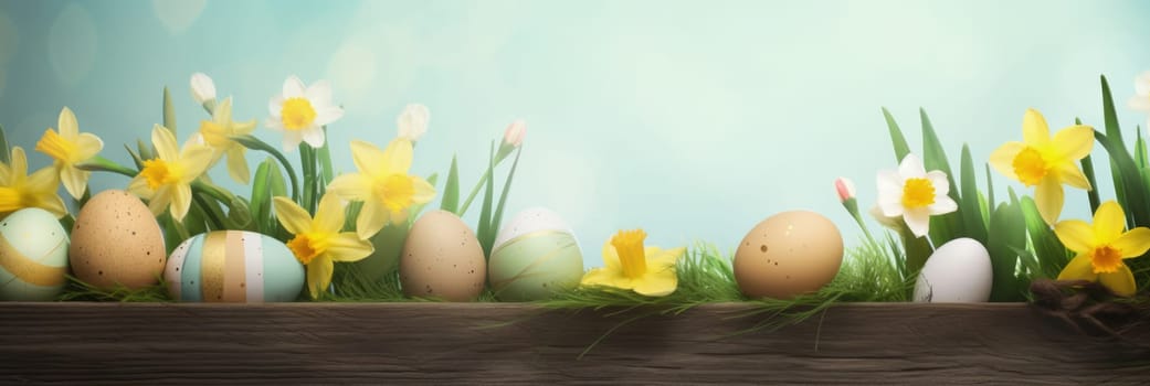 Holiday celebration banner with cute Easter decorated eggs and spring flowers on green spring meadow. Flowers in landscape. Happy Easter greeting card, banner, festive background.Copy space