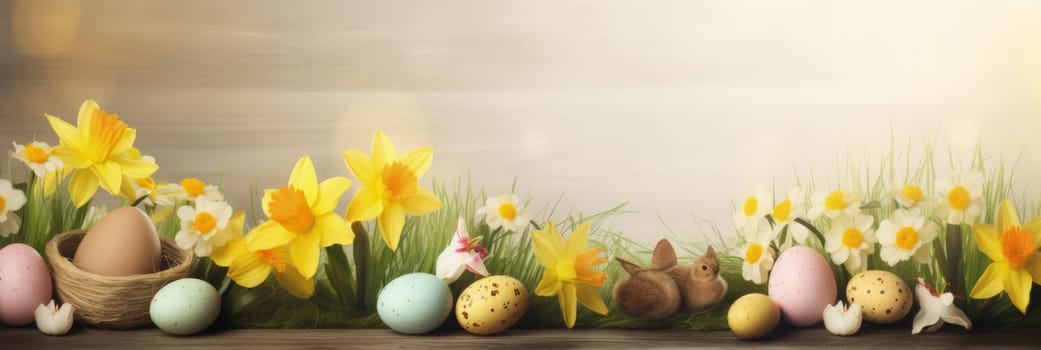 Holiday celebration banner with cute Easter decorated eggs and spring flowers on green spring meadow. Flowers in landscape. Happy Easter greeting card, banner, festive background.Copy space