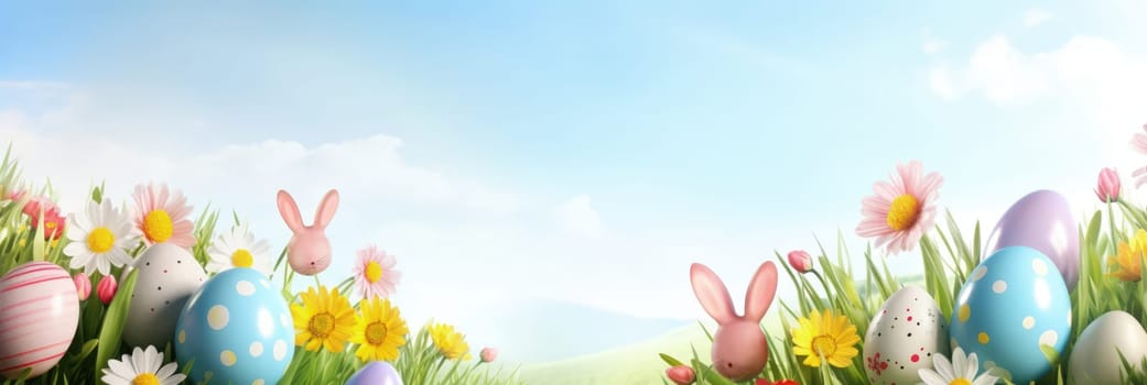 Holiday celebration banner with cute Easter decorated eggs and spring flowers on green spring meadow. Flowers in landscape. Happy Easter greeting card, banner, festive background.Copy space
