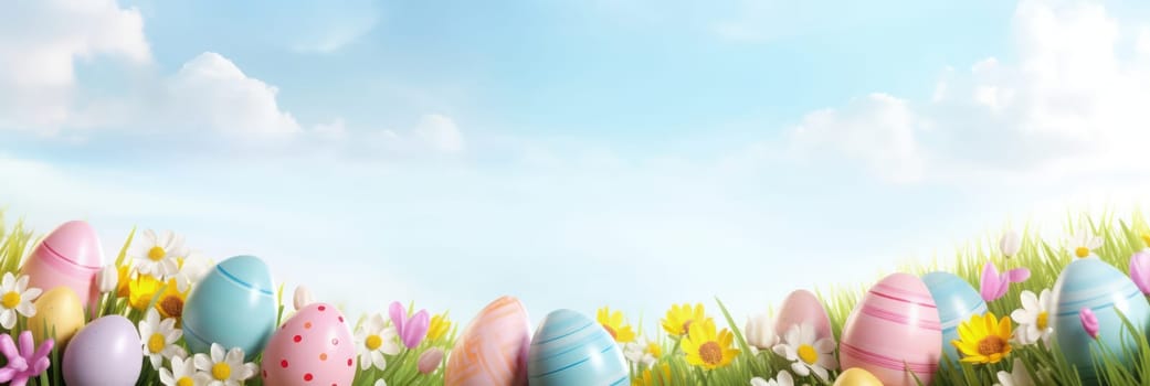 Holiday celebration banner with cute Easter decorated eggs and spring flowers on green spring meadow. Flowers in landscape. Happy Easter greeting card, banner, festive background.Copy space