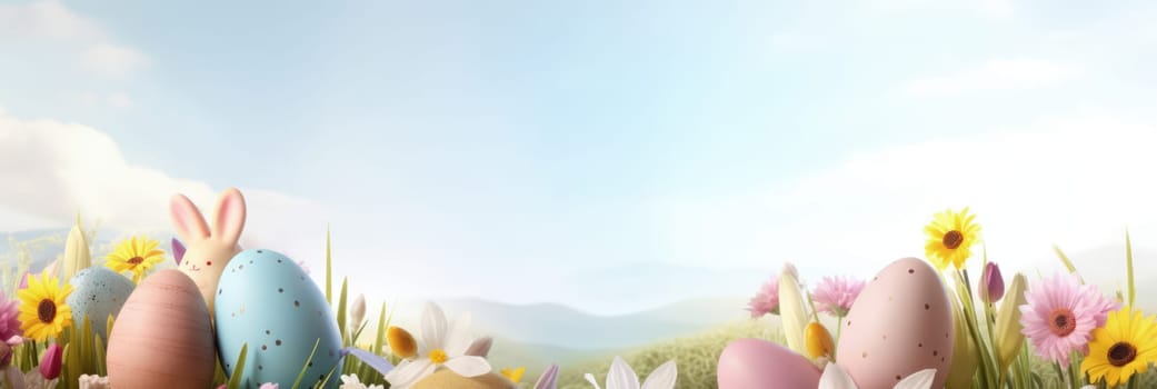 Holiday celebration banner with cute Easter decorated eggs and spring flowers on green spring meadow. Flowers in landscape. Happy Easter greeting card, banner, festive background.Copy space