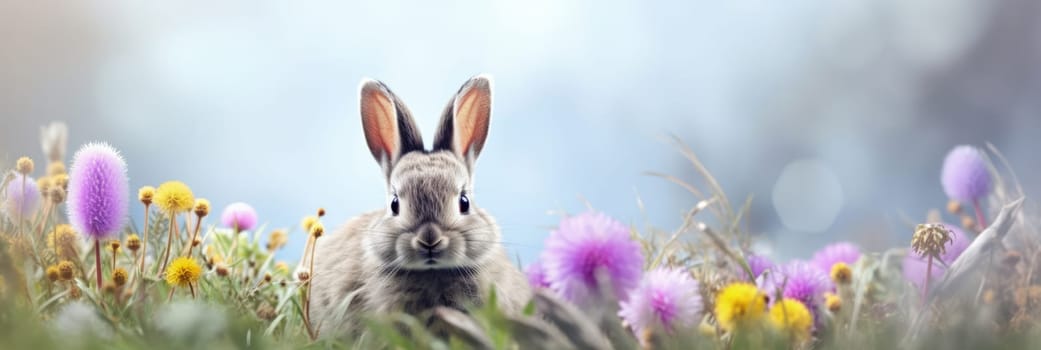 Holiday celebration banner with cute Easter bunny with decorated eggs and spring flowers on green spring meadow. Rabbit in landscape. Happy Easter greeting card, banner, festive background. Copy space