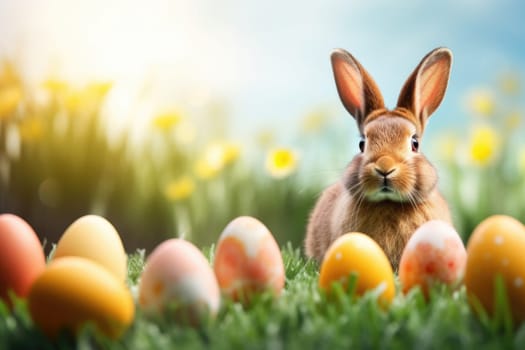 Holiday celebration banner with cute Easter bunny with decorated eggs and spring flowers on green spring meadow. Rabbit in landscape. Happy Easter greeting card, banner, festive background. Copy space