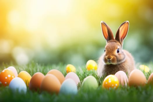 Holiday celebration banner with cute Easter bunny with decorated eggs and spring flowers on green spring meadow. Rabbit in landscape. Happy Easter greeting card, banner, festive background. Copy space