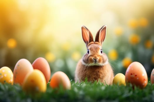 Holiday celebration banner with cute Easter bunny with decorated eggs and spring flowers on green spring meadow. Rabbit in landscape. Happy Easter greeting card, banner, festive background. Copy space