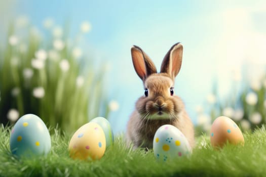 Holiday celebration banner with cute Easter bunny with decorated eggs and spring flowers on green spring meadow. Rabbit in landscape. Happy Easter greeting card, banner, festive background. Copy space